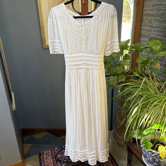 80s Vintage Sarah Elizabeth White Embroidered Floral Prairie Dress size 10 - Picture 3 of 12
